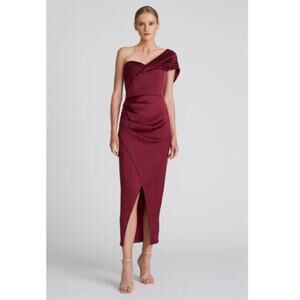 THEIA Size 0 Burgundy One Shoulder Satin Split Front Evening Gown Dress Sleek